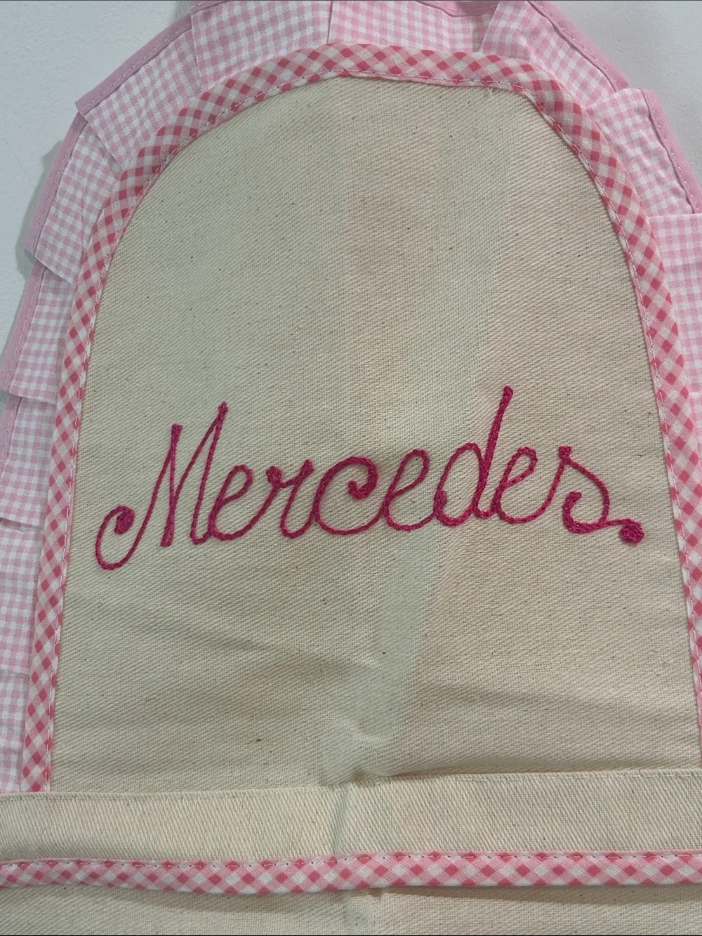 Ricami Veronica Italy Personalized “Mercedes” Top Chef Apron Pink Gingham NWOT